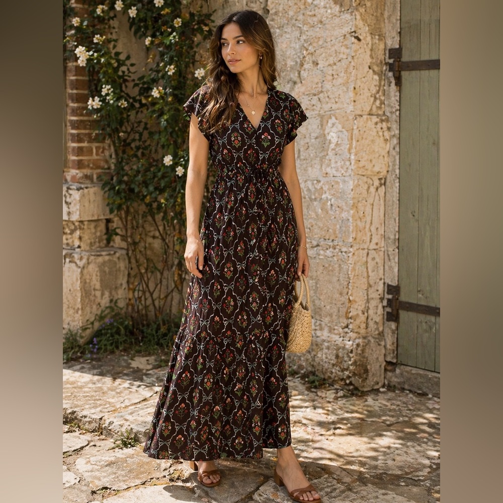 Brown Floral Maxi Dress S Viscose Flutter Sleeve